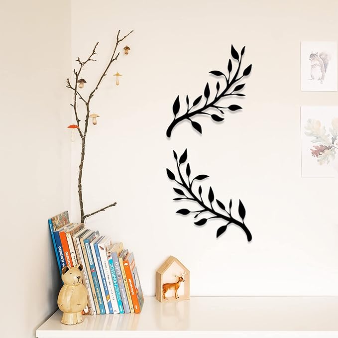 Yuzhuo 2 Pieces Metal Tree Leaf Wall Décor Branch Leaf Wall Art for Indoor Outdoor Garden Home Bedroom Living Room Decorations (Black)