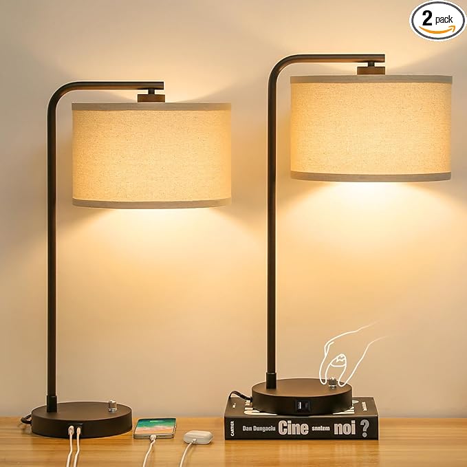 Table Lamps Set of 2, Fully Dimmable Bedside Lamp with USB C+A Charging Ports, Modern Nightstand Lamps with Linen Fabric Shades, Tall Desk Lamp for Bedroom, Living Room, Office, LED Bulb Included