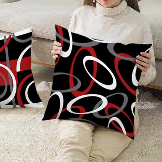 Black and Red Throw Pillow Covers 18x18 Set of 4 Grey Modern Abstract Geometric Decorative Pillow Covers Circle Pattern Pillowcases Decor for Couch Sofa Bedroom Outdoor