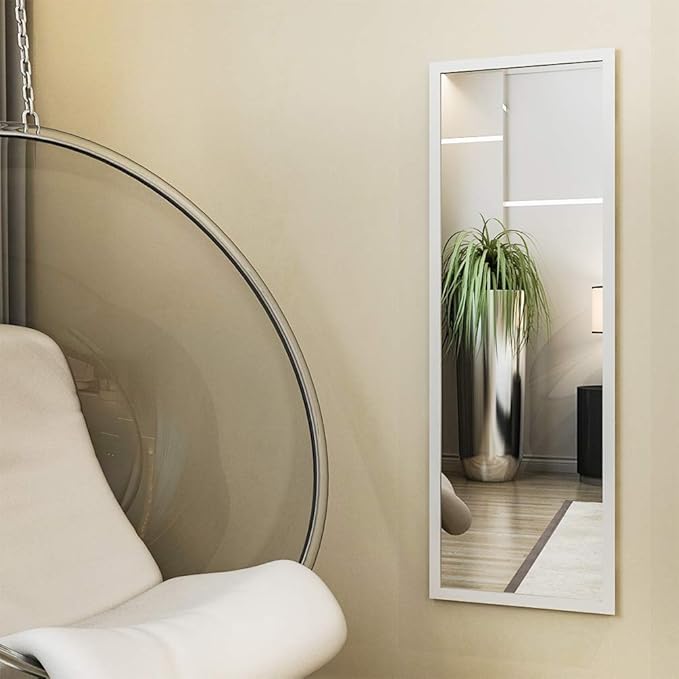 whitebeach 48" x 16" Over The Door Full Length Mirror Wall Mounted Hanging with 2 Metal Hangers for Bedroom Living Room Bathroom White