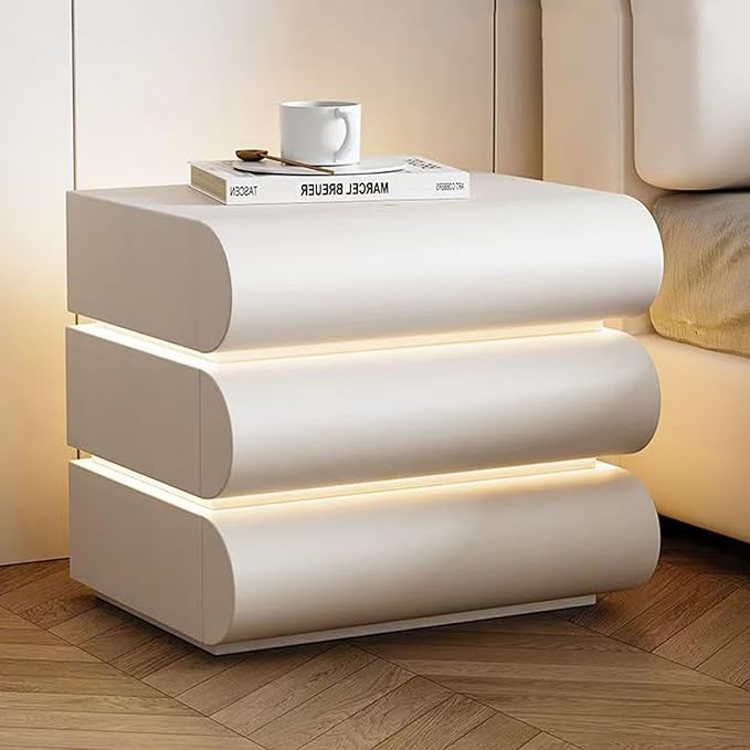 White Night Stand with LED Light, Leather Nightstand, Modern Bedside Table with 3 Solid Wood Drawers, No Assembly Required(19.7''H) (White)