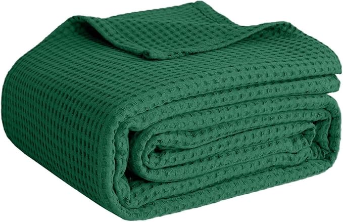 100% Cotton Blankets for Bed - Waffle Weave Blankets for Summer, Lightweight and Breathable Soft Woven Blanket for Spring (Dark Green, Throw (50" x 60"))