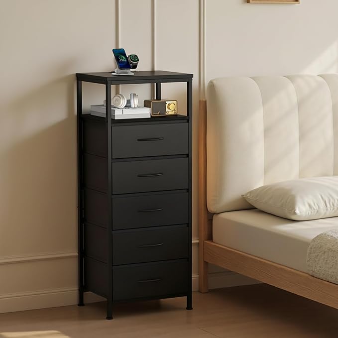DUMOS Nightstand with Charging Station, Bedside End Table with 5 Fabric Drawers & USB/Type-C Ports and Outlets, Night Stand for Bedroom Furniture, Adjustable Feet and Variable Light Strip, Black
