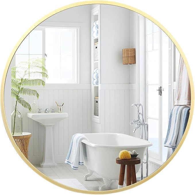 24 Inch Round Mirror, Gold Circle Mirror for Bathroom, HD Eco-Friendly Round Bathroom Mirror for Over Sink, Small Matte Gold Metal Framed Wall Mirror for Wall, Vanity, Entryway, Easy to Install