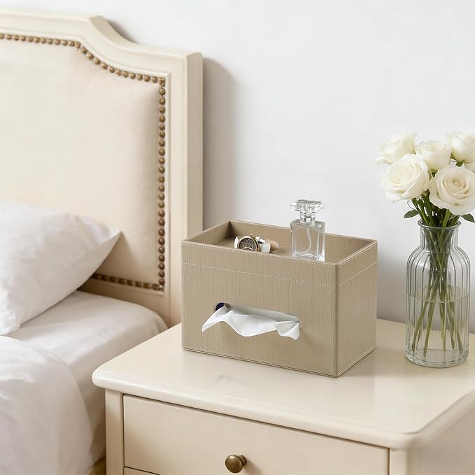 Plus Size Tissue Box Cover Rectangle, PU Leather Tissue Box Holder with Storage Tray, Decorative Organizer Tissue Holder for Bathroom, Bedroom Dresser, Night Stand, Office (Wooden Color)