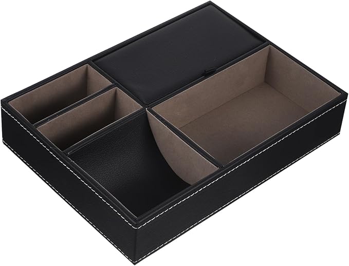 Beaupretty Faux Leather Nightstand Organizer Tray for Jewelry and Watches Multi Compartment Storage Box for Rings Necklaces Phone Wallet Bedside Dresser Black Bedside Table Organizer for Men
