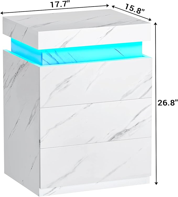 ADORNEVE Nightstand with Charging Station and LED Lights,Night Stand with Sliding Top for Bedroom,Bedside Table with Drawers,Modern End Side Table,White Marble