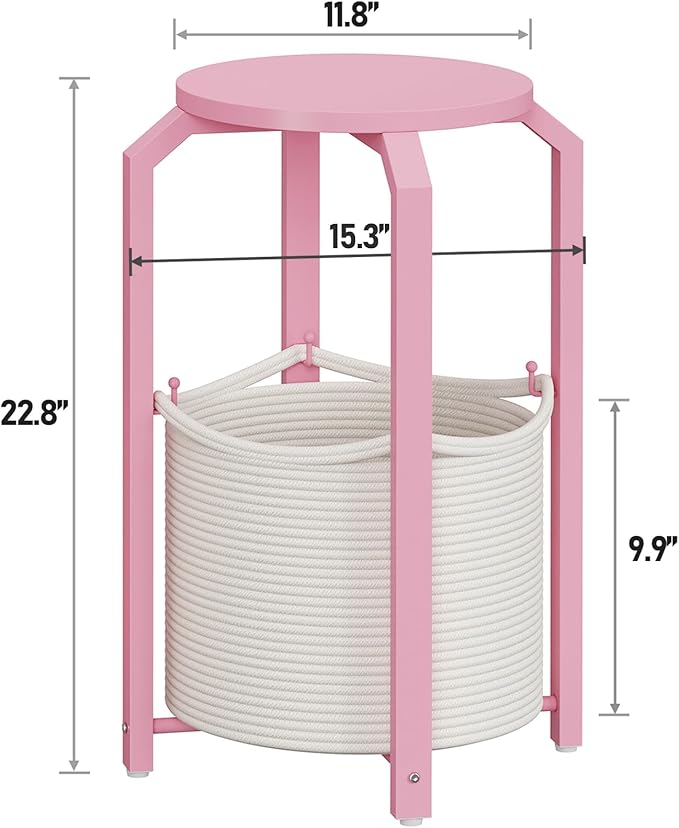 TUTOTAK Small Side Table, Round End Table, Night Stand, Bedside Table, Set of 2, Sofa Table with Storage Basket, Living Room, Bed Room, Pink TB01BP0922