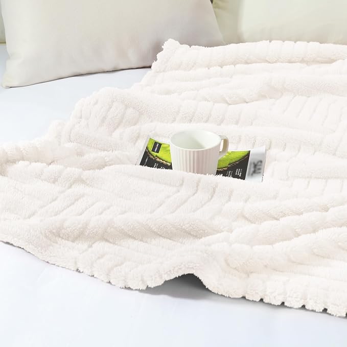 Whale Flotilla Lightweight Fleece Queen Size Blanket for Bed, Fuzzy Soft Blankets with Decorative Jacquard Pattern for All Season, Warm and Fluffy, 90x90 Inch, Ivory