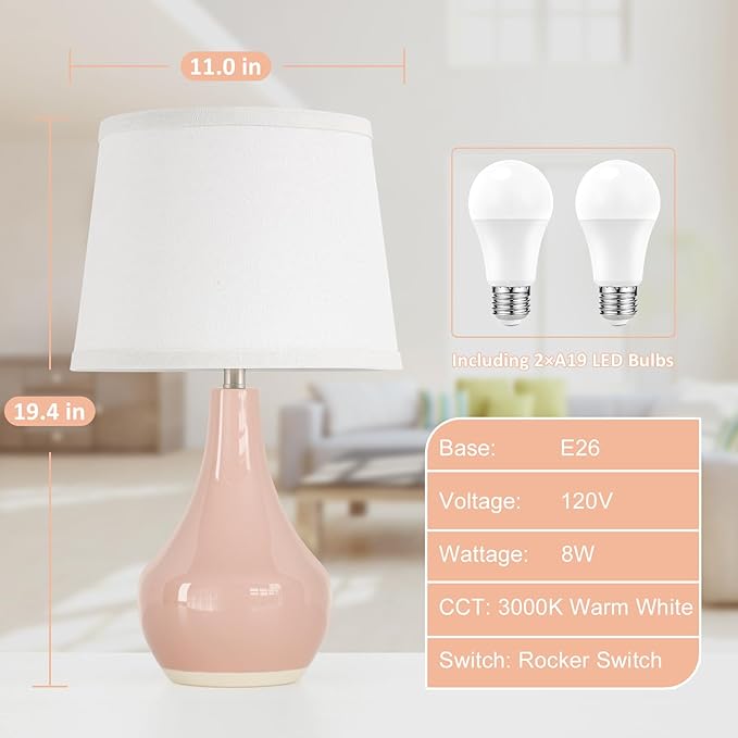 Seealle Modern Pink Table Lamps Set of 2 - Bedroom Lamps for Nightstand,19.4" Bedside Pink Lamp for Girls Room Living Room with Rocker Swtich