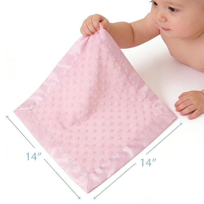 American Baby Company Heavenly Soft Chenille Security Blanket (14" x 14"), 2-Layer Design with Minky Dot & Silky Satin, Pink, for Boys and Girls