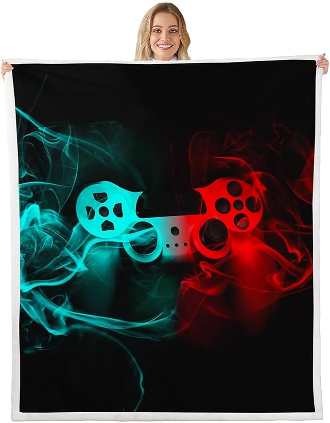 Gaming Blanket Throw for Boys Game Console Sherpa Blanket Throw 50"x60" Kids Teen Gamer Fleece Blanket Modern Gamepad Bedspread Cover Game Room Sofa Decor Game Controller Turquoise Red Black