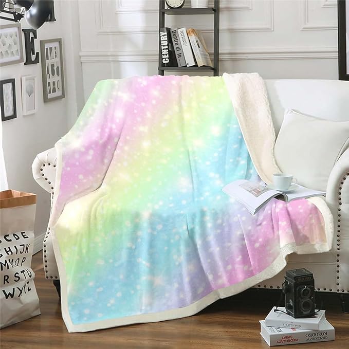 Erosebridal Rainbow Plush Bed Blanket for Kids Girls Teens Tie Dye Pastel Throw Blanket Throw 50"X60" Golden Glitter Girly Sweet Sherpa Blanket Abstract Watercolor Art Fuzzy Blanket Bedroom Decor