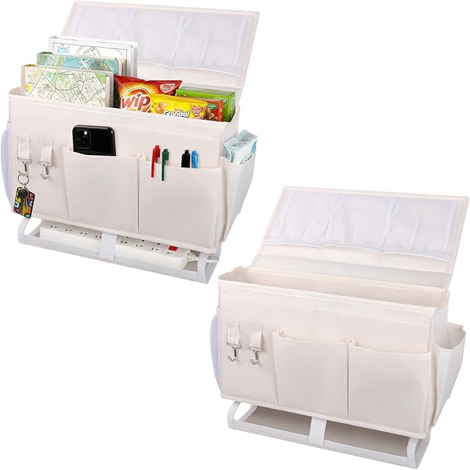 Bedside Caddy for Dorm Bed Bedside Organizer, Bedside Storage with 10 Pockets and Power Strip Holder, Multifunctional Bedside Pocket for Home, College, Dorm, Bunk/Hospital/Crib Bed (Beige)