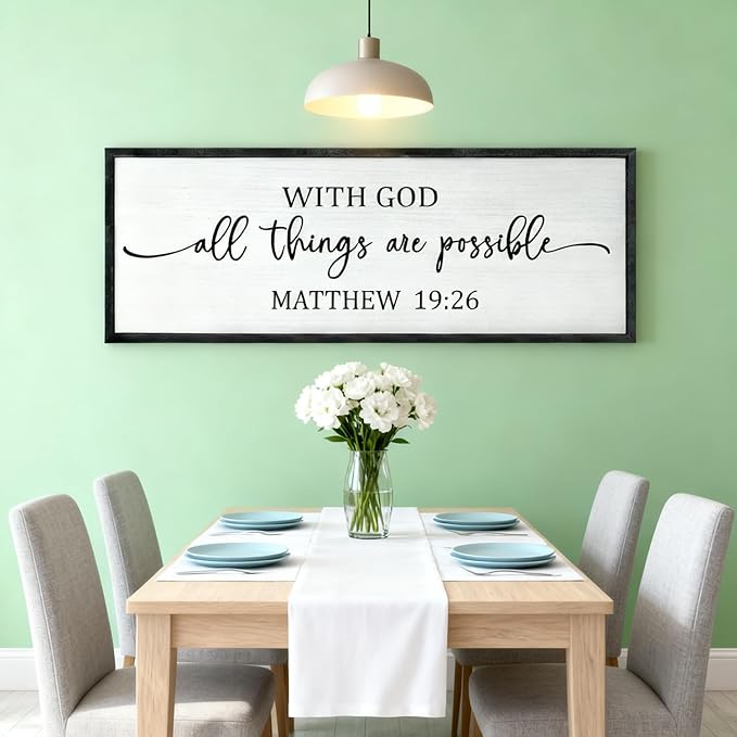 With God All Things are Possible Framed Wall Art, 40''×15'' Positive Holy Religious Rustic Bible Verse for Christian God Jesus Christ Prayer, Vintage Horizontal Inspirational Catholic Scripture Decor