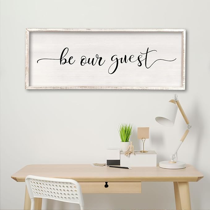 comurdyo Be Our Guest Wall Decor Sign 40”X15” Large Master Bedroom Above Bed Wall Decor Wood Framed Guest Room Sign Simple Rustic Farmhouse Over Bed Bedside Wall Art (White)