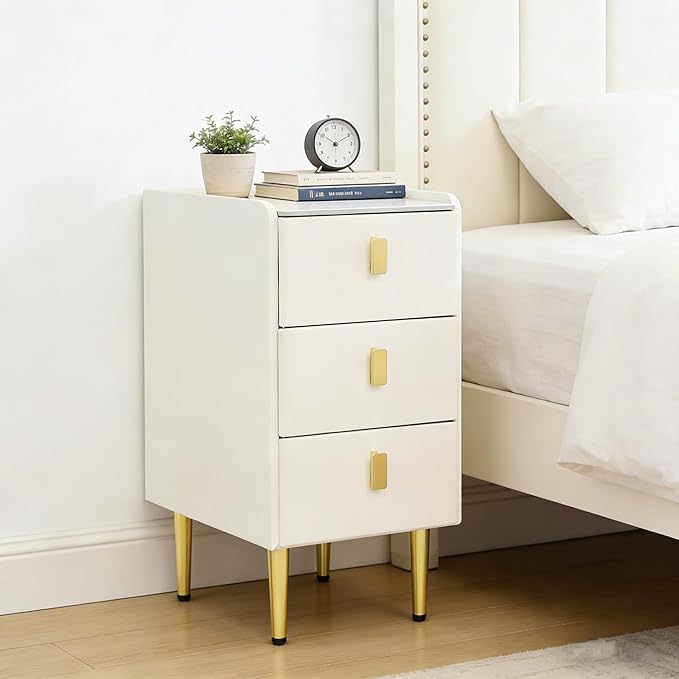 Narrow Nightstand with 3 Drawers, Narrow Side Table End Table Leather Bedside Cabinet Slim Storage Bedside Table for Small Space Bedroom Living Room Dormitories (White)