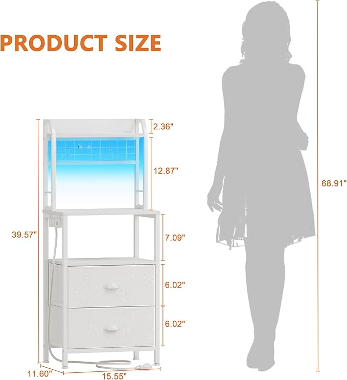 Furologee 40'' Tall Nightstand with Charging Station, Bedside Table with LED Lights, End Table with 2 Drawers and Storage Shelves, Night Stand with Pegboard for Bedroom, White
