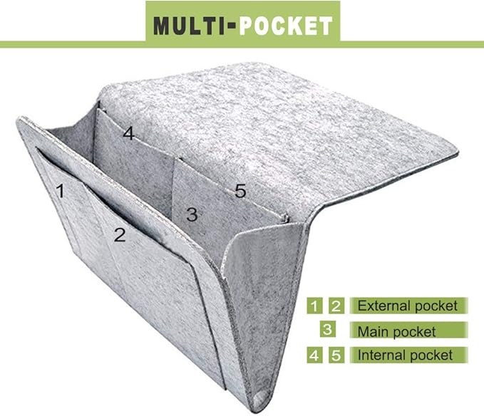 DOURR Felt Bedside Caddy Bed Dorm Bunk Organizer Storage Pocket for Organizing Tablet Magazine Phone Small Things Holder (Gray)