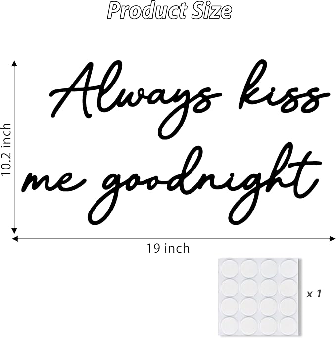 Always Kiss Me Goodnight Wall Sign Metal Wall decor Love Theme Wall decor Wall Hanging Sculptures for Bedroom Living Rooms, Black, 19" x 10.2"