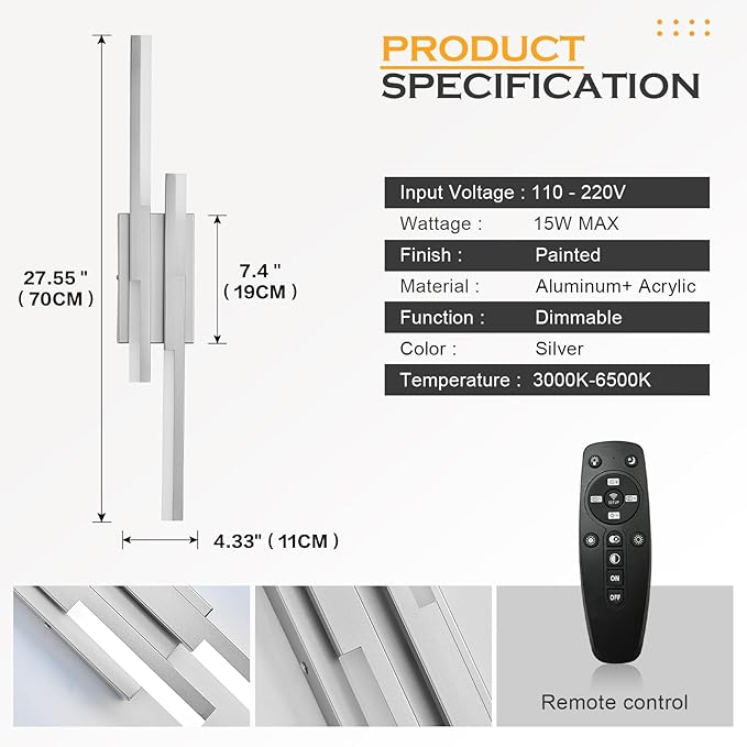 Modern LED Wall Sconce Silver Remote Wall Light Fixtures for Bathroom, Dimmable Vanity Light Indoor LED Remote Wall Sconce for Bedside Bedroom Living Dining Room (27.6inch 3000-6500K 1 Pack)