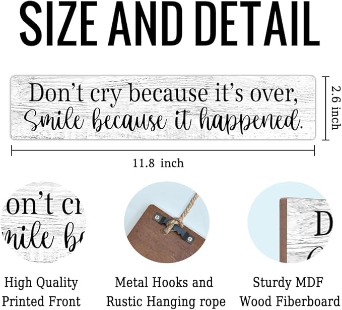 AGMDESIGN Don't Cry Because It Is Over Smile Because It Happened Wood Sign with Uplifting Quote, Inspirational Wall Decor for Graduation Retirement Gifts, Dorm Bedroom Home Office Wood Hanging Plaque