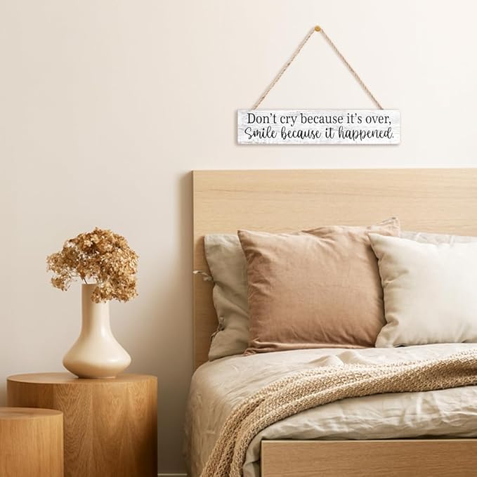 AGMDESIGN Don't Cry Because It Is Over Smile Because It Happened Wood Sign with Uplifting Quote, Inspirational Wall Decor for Graduation Retirement Gifts, Dorm Bedroom Home Office Wood Hanging Plaque