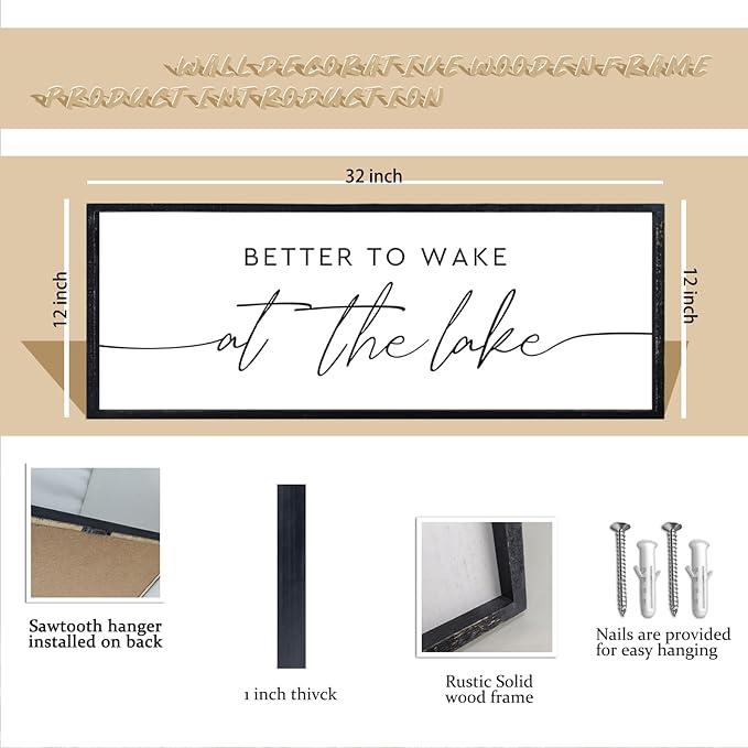 comurdyo Better To Wake At The Lake Above Bed Wall Art Decor 32"×12" for Lake House Bedroom Over Bed Sign Wood Framed Large Wall Hanging (Black)