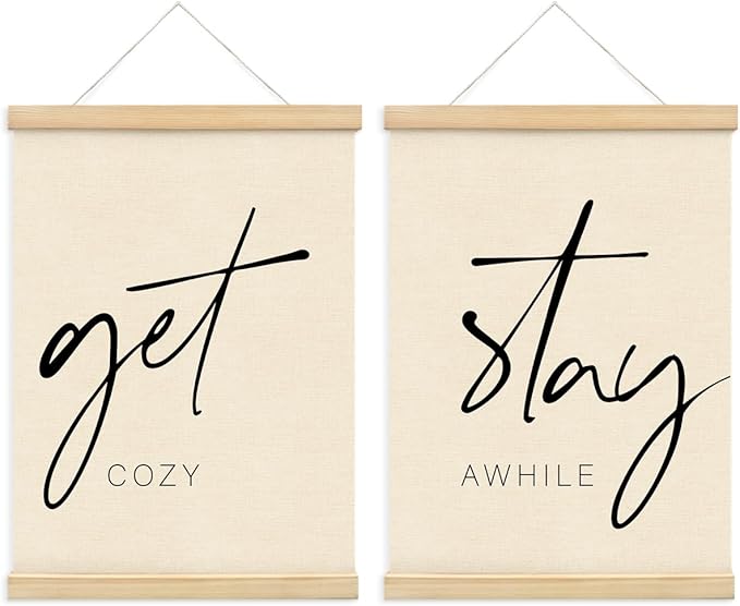 PLKMN Cozy Room Wall Art Decor Set of 2, Stay Awhile Signs for Home Decor, Above Bed Wall Decor, Cozy Bedroom Decor, Cozy Room Posters Framed with Wood Hanger, 12x16 Inch