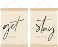 PLKMN Cozy Room Wall Art Decor Set of 2, Stay Awhile Signs for Home Decor, Above Bed Wall Decor, Cozy Bedroom Decor, Cozy Room Posters Framed with Wood Hanger, 12x16 Inch