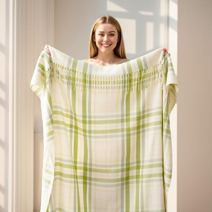 BATTILO HOME Spring Summer Plaid Throw Blanket for Couch Bed, Decorative White Green Stripe Blanket Throw Farmhouse Throw Blankets, Buffalo Checkered Plaid Blankets and Throws for Home Decor