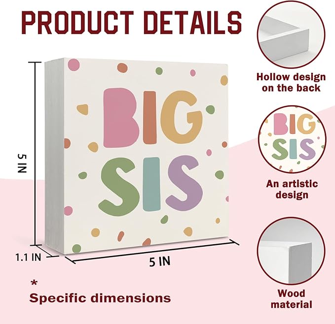 Lacama Boho Girl Nursery Wooden Box Sign, Big Sister Decorations Wood Block Signs, Twin Room Wood Sign for Toddler Girls Room Bedroom Playroom Desk Shelf Wall Decor 5x5 Inches