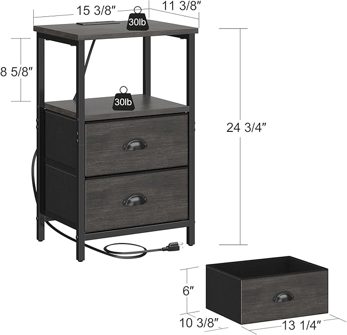 Nightstand with Charging Station, LED Night Stand Set of 2, Bedside Table End Table with Drawer, Bedroom Tables with 2 Fabric Drawers, 3-Tier Storage Side Table for Bedroom, Black Oak
