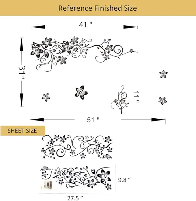 Supzone Flowers Vine Decals Black Flowers Butterfly Wall Decor Removable Vinyl DIY Home Art Stickers for Bedroom Living Room Sofa Backdrop TV Wall Decoration