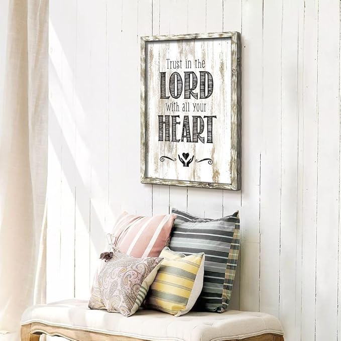 Christian Wall Art Wood Decor: Inspirational Bible Verses Framed Picture Rustic Scripture Proverb Sayings Print Religious Lord Quote Artwork for Home Living Room Bedroom Farmhouse