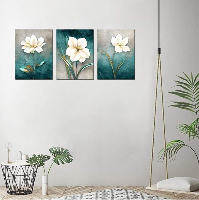Flower Canvas Wall Art Cream White Floral Wall Decor Turquoise Tealish Grey Background Canvas Picture Modern Rustic Artwork Bathroom Bedroom Living Room Home Office Decoration 16" x 24" x 3 Pieces