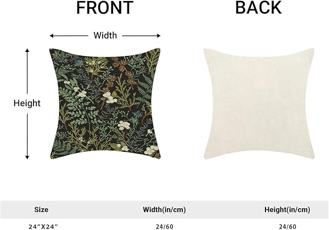Spring Pillow Covers 24x24 Inch Set of 2,Black Sage Green Wild Flower Plant Throw Pillows Case,Seasonal Vintage Floral Outdoor Decorative Linen Farmhouse Decor Cushion Covers for Sofa Bed Couch