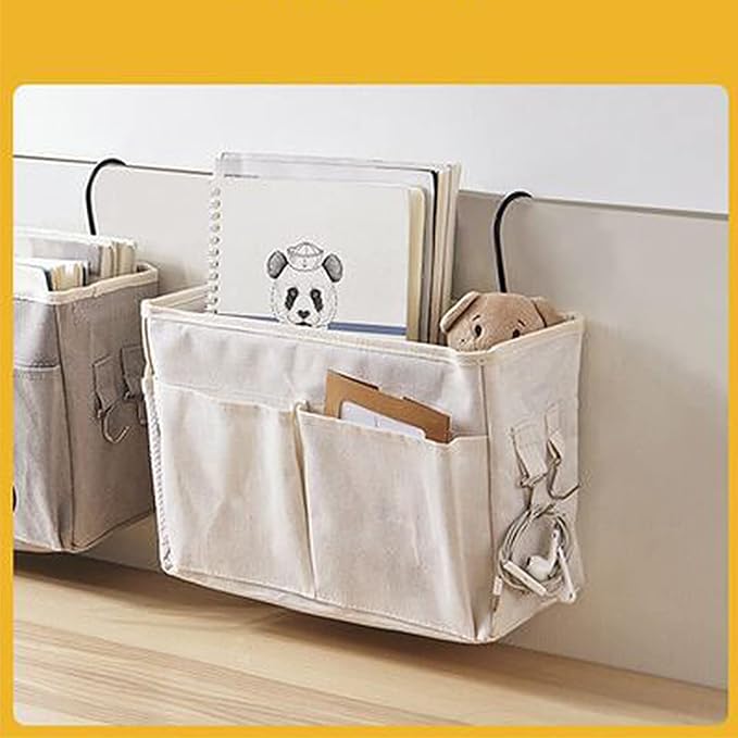 Bedside Caddy,Hanging Bed Organizer Storage Bag Pocket for Dorm Rooms Bed Rails Nightstand Hanging Bag,Cotton Linen Bedside Storage Pocket Organizer Basket for Bunk Bed Dorm Rooms(White)