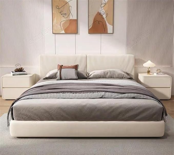 Modern Bedside Table, Solid Wood, Cream Leather, Luxury Night Stand with 2 Drawer(Dark Gray,Left)