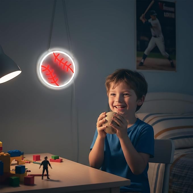 Baseball Neon Sign for Wall Decor, Dimmable LED Light for Bedroom Sports Room Decor, Baseball Gifts for Boys 8-12, 9 x 9 Inches