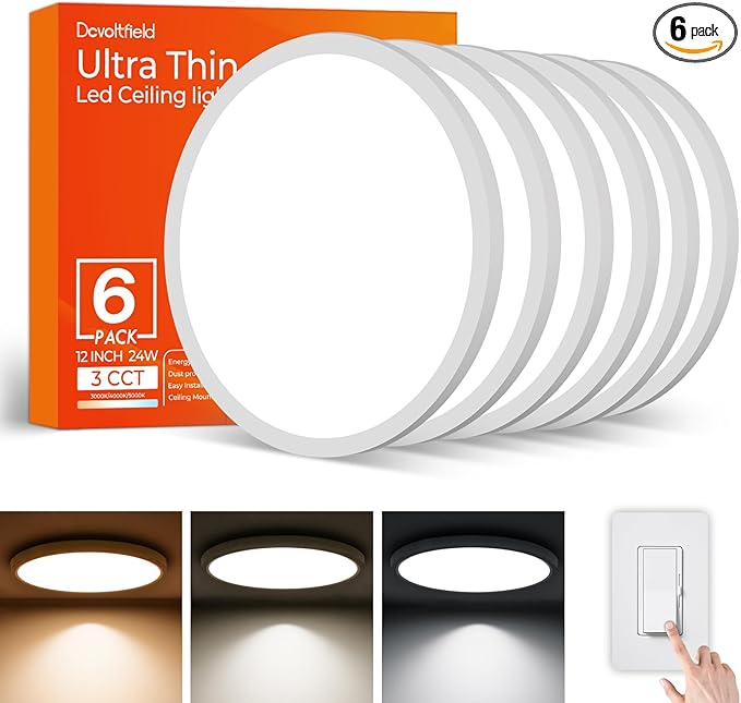 6Pack 12Inch LED Flush Mount Ceiling Light Fixture,24W 2400LM,Dimmable CCT 3000K/4000K/5000K,Round Flat Panel Light for Bedroom,0.7Inch Thin Modern Low Profile Ceiling Lights for Hallway,Porch