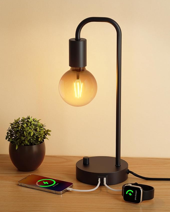 ONEWISH Industrial Table Lamp with 2 USB Port, Fully Dimmable Nightstand Bedside Lamps for Bedroom,Desk Lamps with 2700K Black Gradient Bulb for Reading Living Room,Office
