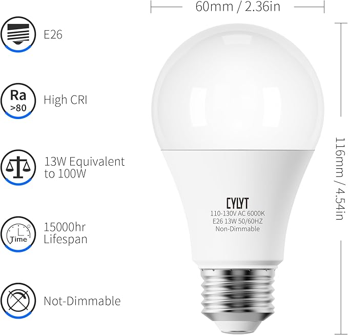 100W Equivalent Bright LED Light Bulbs, Cool White 6000K A19 Lightbulbs, Focos LED para Casa, for Kitchen Bedroom Indoor, 1500 Lumens, E26 Standard Base, 4-Pack, Non-Dimmable
