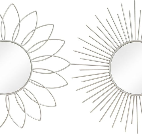 3 Pack Metal Mirrors for Wall Sunburst Wall Mirrors Home Décor Decorative Hanging Wall Art for Living Room Bedroom Entryway (White, Flower+Sunburst)