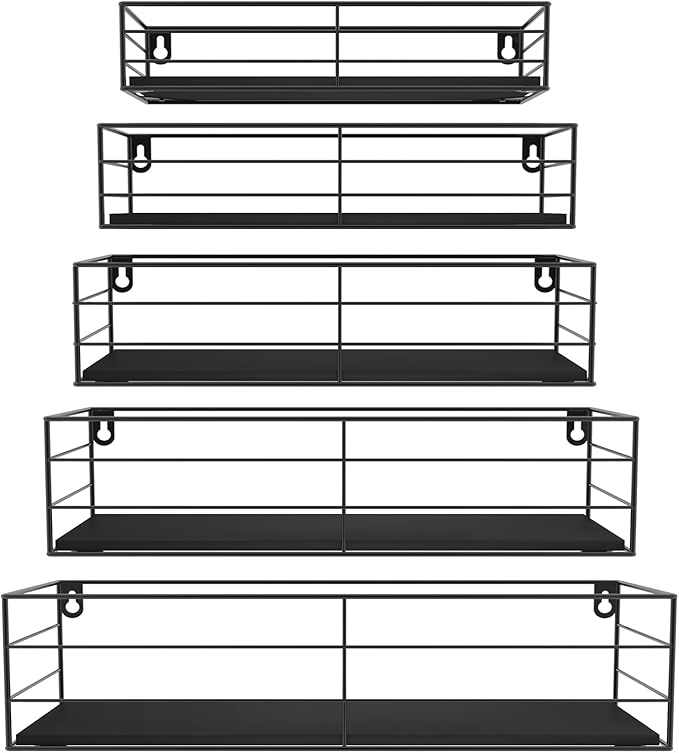 CRUGLA Floating Shelves Wall Mounted Set of 5, Black Hanging Storage Wall Shelf for Bathroom, Kitchen, Bedroom, Living Room Home Decor