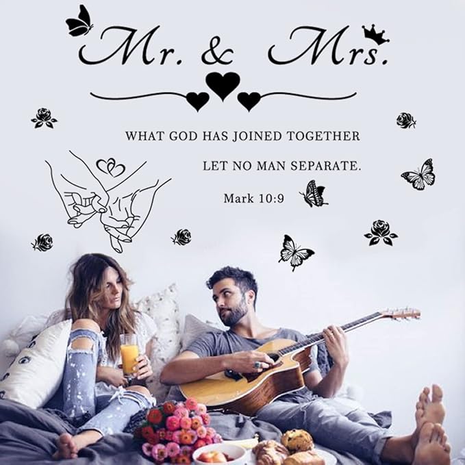 Mr. and Mrs. Wall Decals Wall Art Sticker Peel and Stick Wedding Sayings Art Lettering Stickers Hands with Hearts Romantic Wall Decor Wedding Anniversary Decor Bedroom Living Room Home Decor
