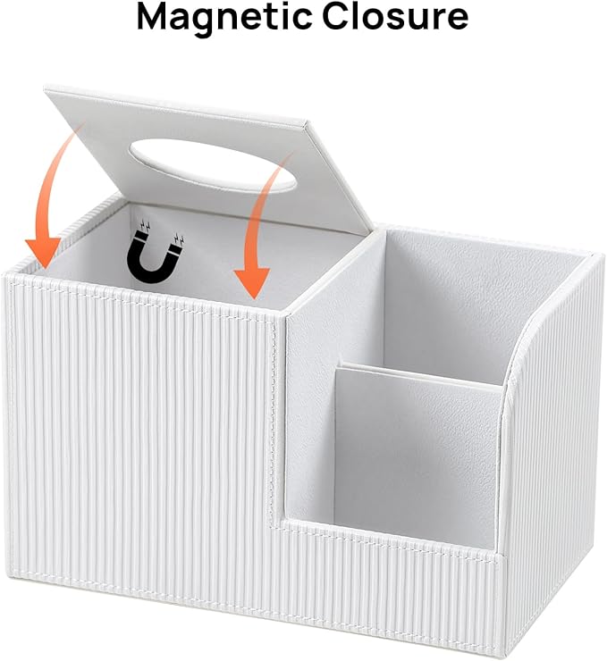 Square Tissue Box Cover with 2 Compartments Storage Organizer, PU Leather Tissue Box Holder with Remote Control Holder for Livingroom Nightstand, Multifunctional Cube Tissue Holder (White)