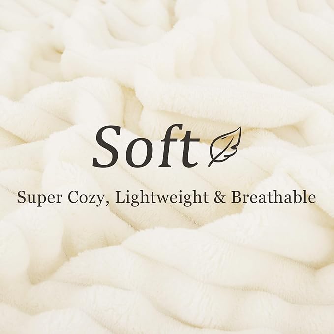 decorUhome Soft Fleece Cream White Throw Blanket for Couch, Cozy Fluffy Plush Flannel Striped Blanket for Sofa Bed, Lightweight Decorative Ribbed Fuzzy Blanket for Woman, 50x60 Inches