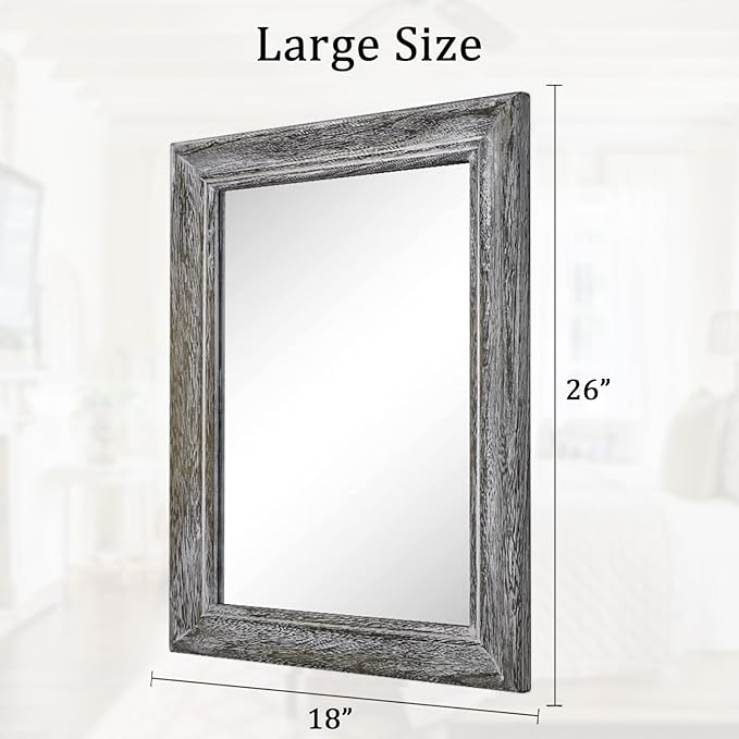 Large Rustic Wall Mirror with Wood Frame Farmhouse Rectangle Mirrors 26"x18" Decorative for Bathroom Bedroom Living Room Home Entryway
