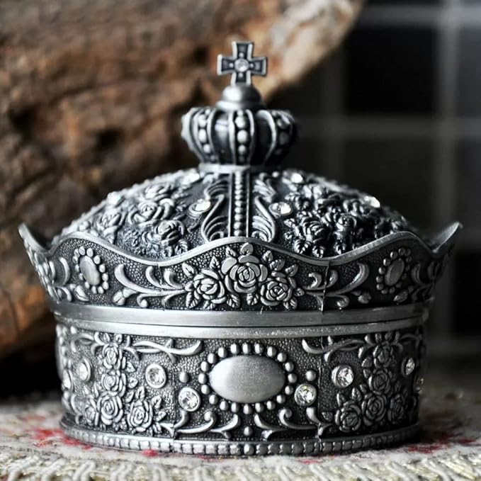 Creative Vintage Metal Alloy Crown Design Jewelry Box Ring Trinket Case Christmas Birthday Gift, Large